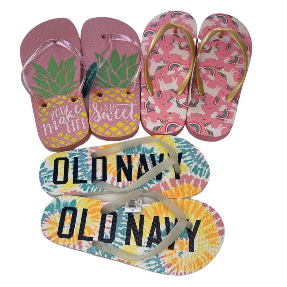 Flip Flop Sandals Unicorn Pineapple Pink White Bundle 3 Pairs NWT Girls Size 2